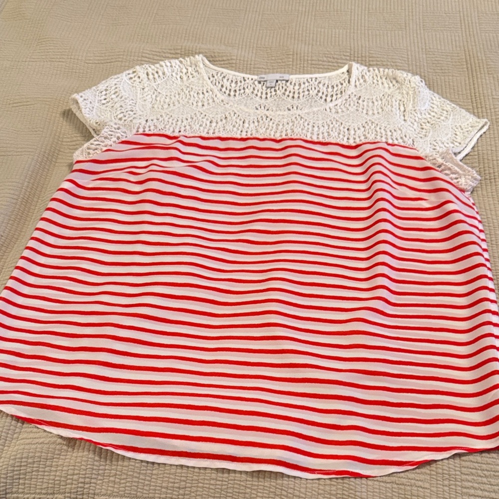 GAP Red and White Striped Blouse with Lace Detail